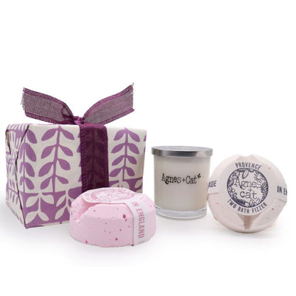 Set de Regalo: Bombas de baños de Provenza & té y rosas+ Vela de Piedra Lunar